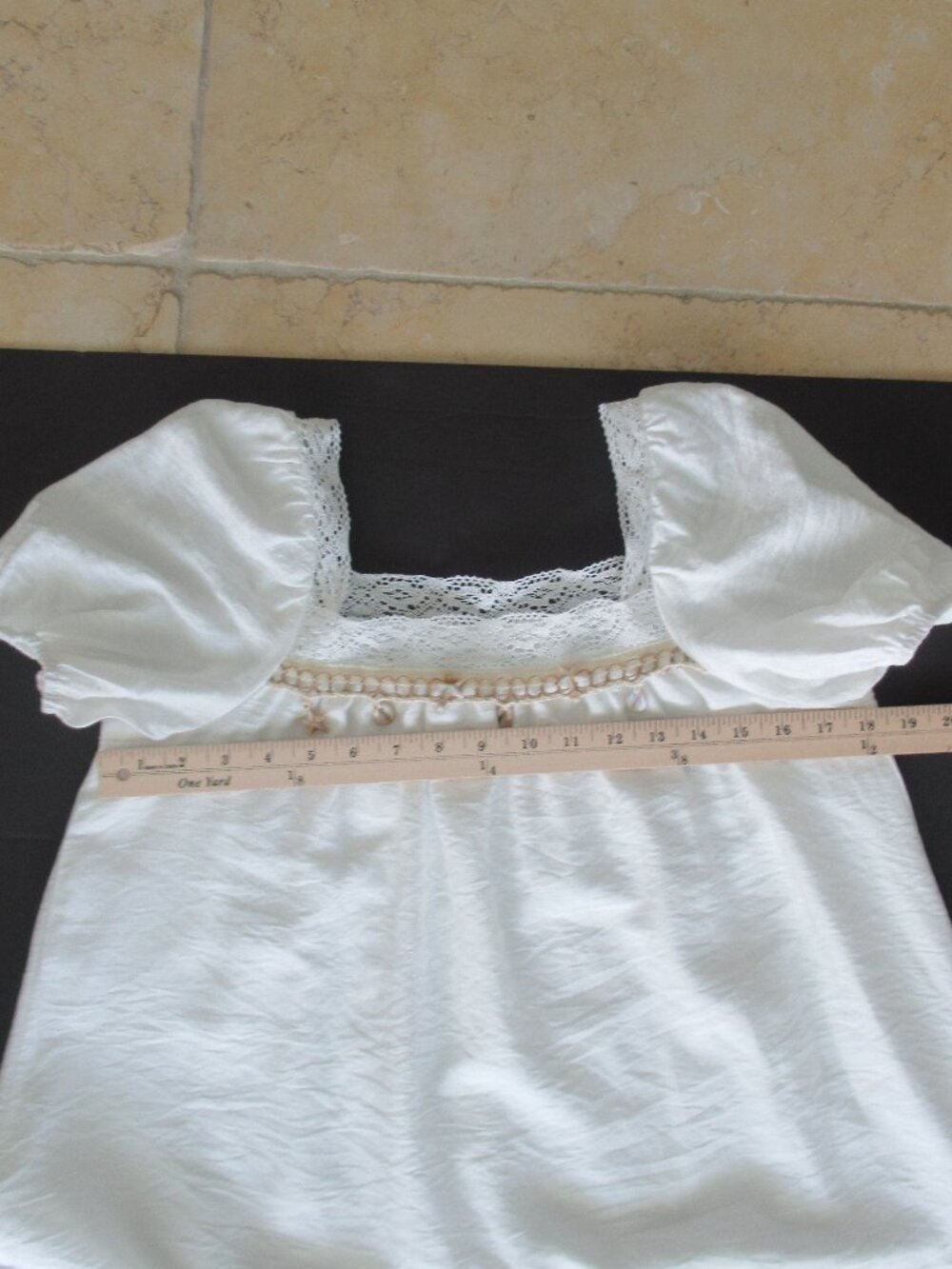 Flowy Summer Maxi Dress Sz S Lace Trim & Embellished w Seashells Fairycore White - Picture 9 of 13